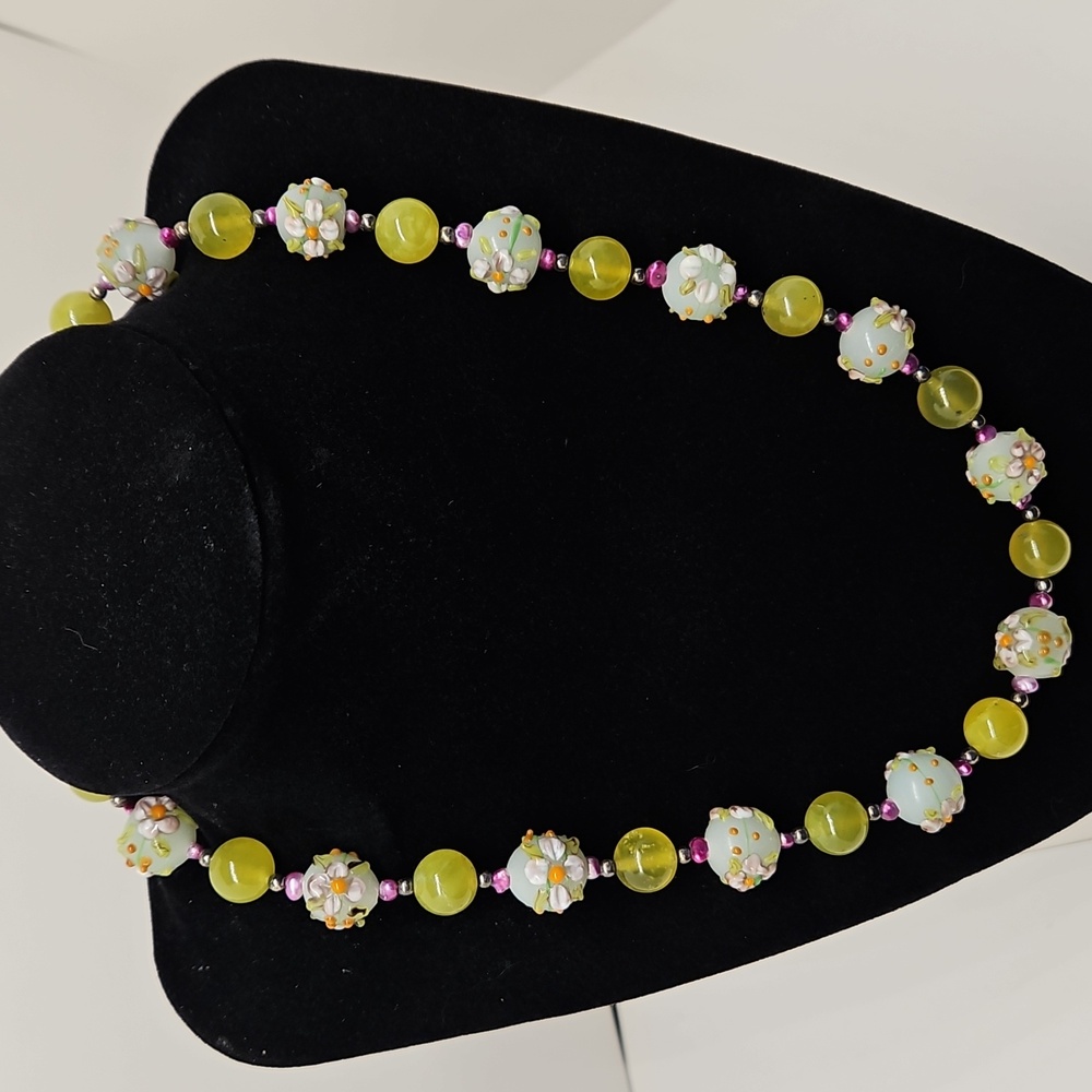 Donna Dressler Flower Art Glass Necklace 925 Sterling Silver Green Pink